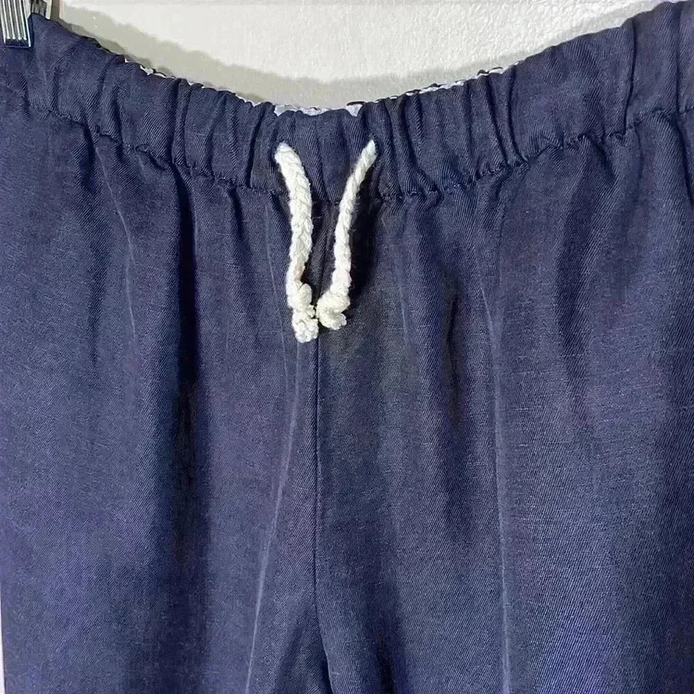 Zara Navy Linen-Blend High-Waist Drawstring Trouser Pant Size Small EUC Pockets - Picture 4 of 12